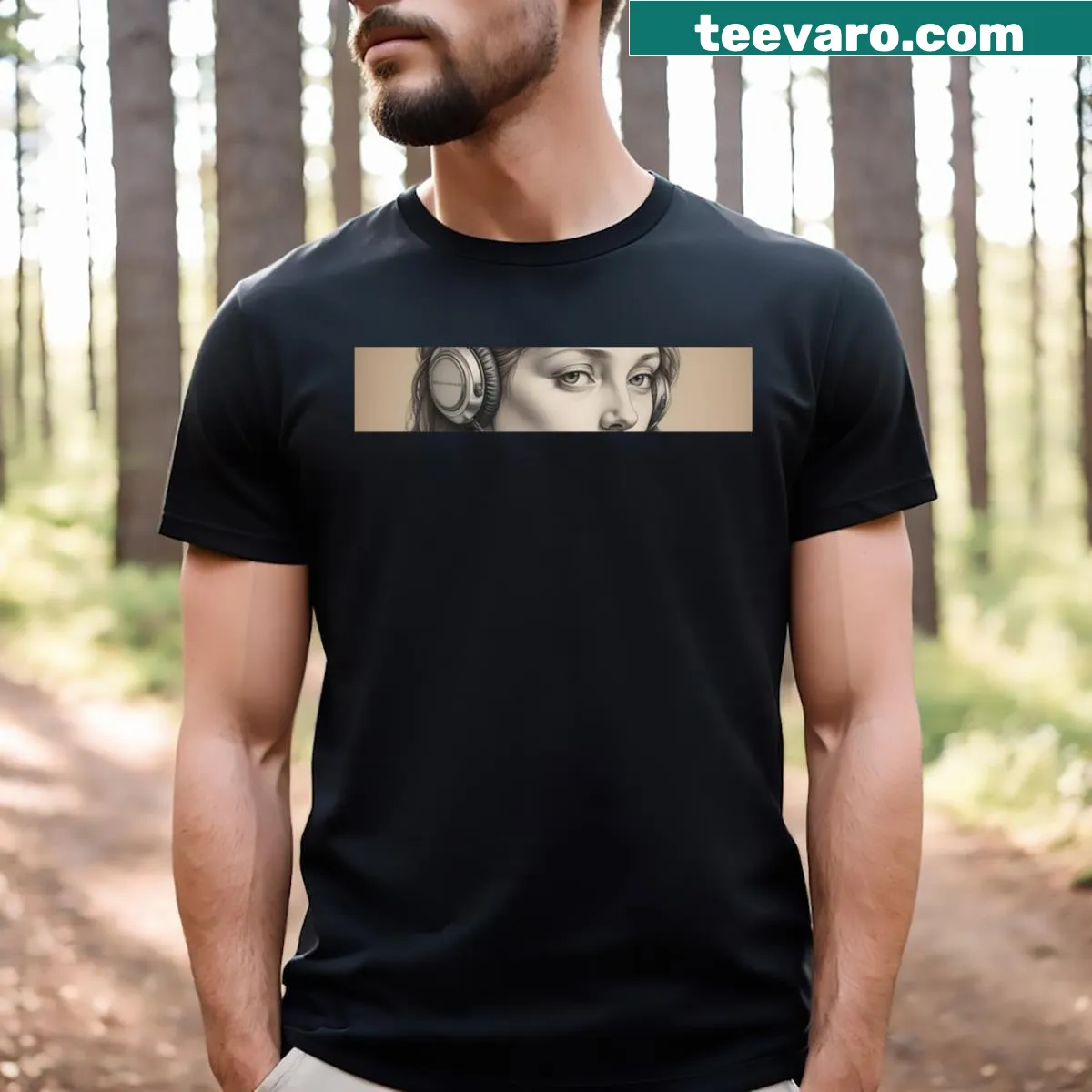 Illustrated Monalisa Discovers Music t-shirt with whimsical design — on a men's t-shirt