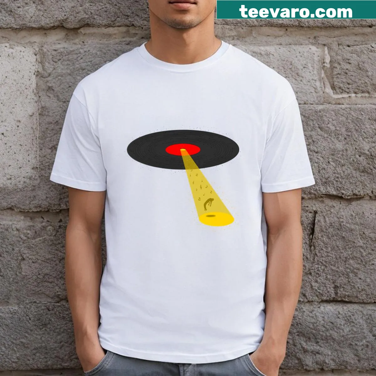 Whimsical Music Abduction t-shirt with alien and music motifs — on a men's t-shirt