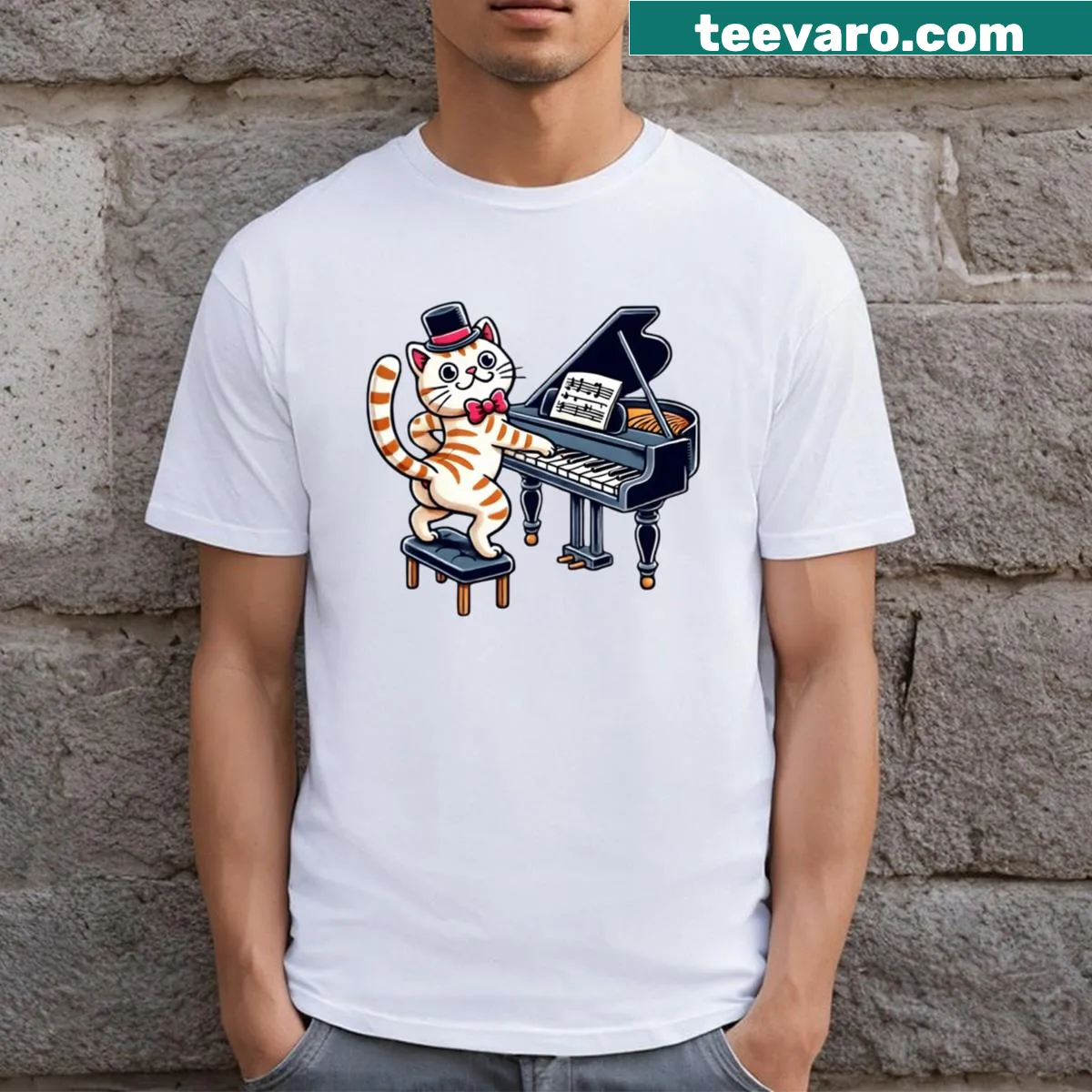 Cartoon Music Cat t-shirt with funny and cute design — on a men's t-shirt