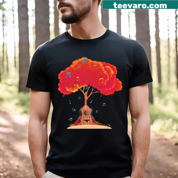 Stylish t-shirt with tree and music elements in vector art style