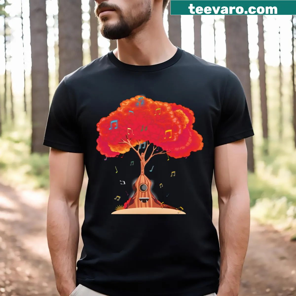 Stylish t-shirt with tree and music elements in vector art style — on a men's t-shirt