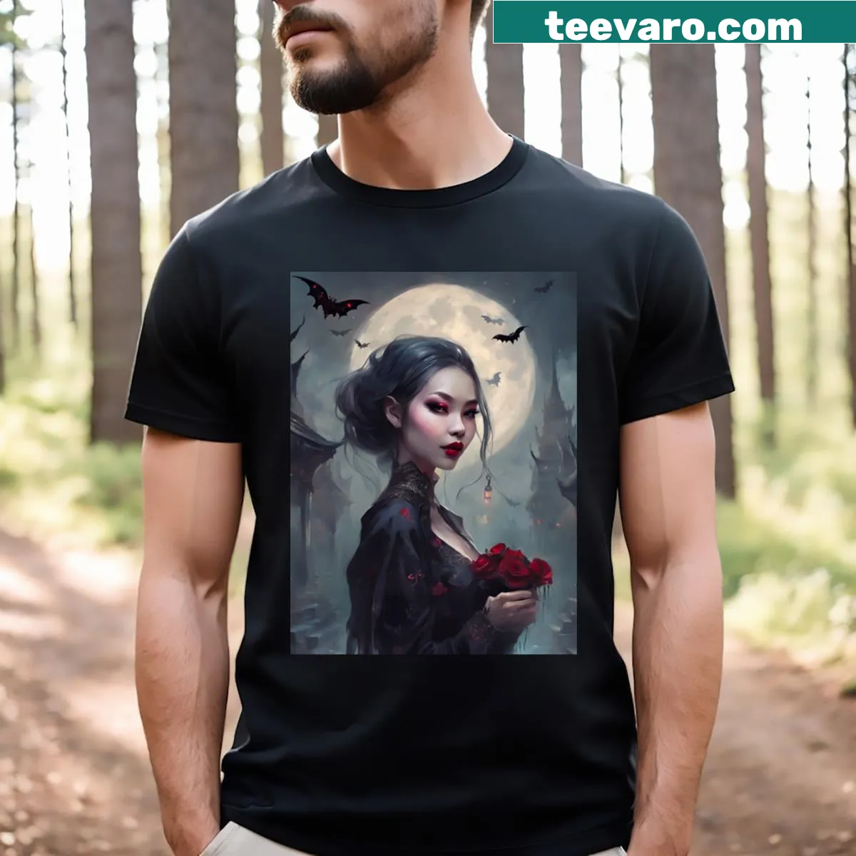 Illustrated T-shirt featuring a mystical vampire under the moonlight — on a men's t-shirt