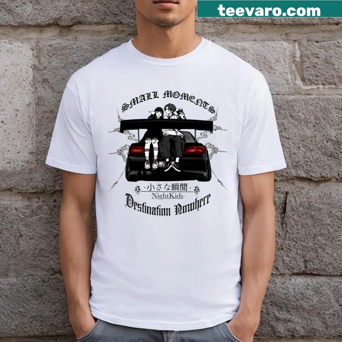 Whimsical illustration on the Nightkids t-shirt featuring playful designs — on a men's t-shirt