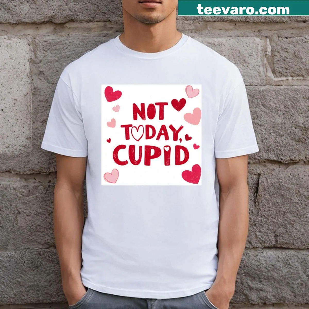 Sarcastic typography t-shirt with 'Not Today Cupid' message — on a men's t-shirt