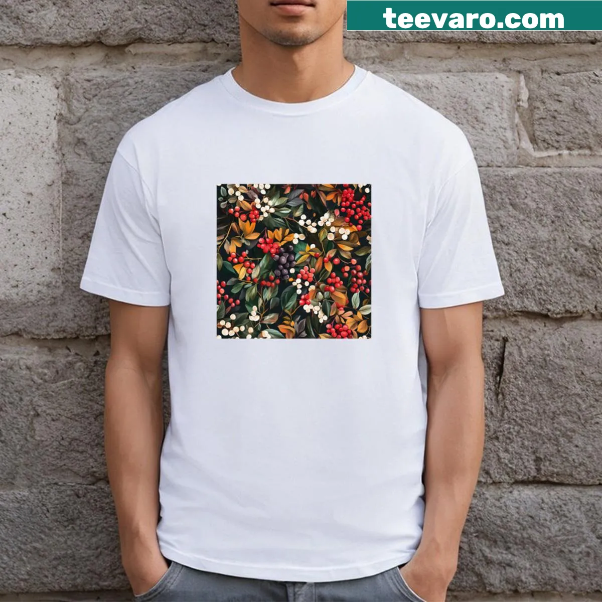 Intricate winterberry and foliage pattern t-shirt — on a men's t-shirt