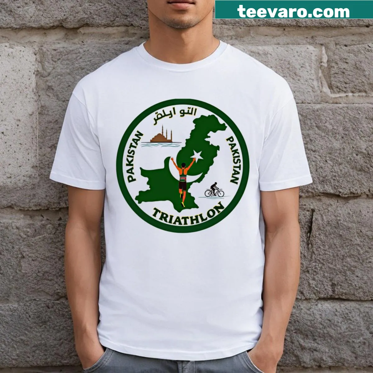 Dynamic design celebrating triathlon sports activities — on a men's t-shirt