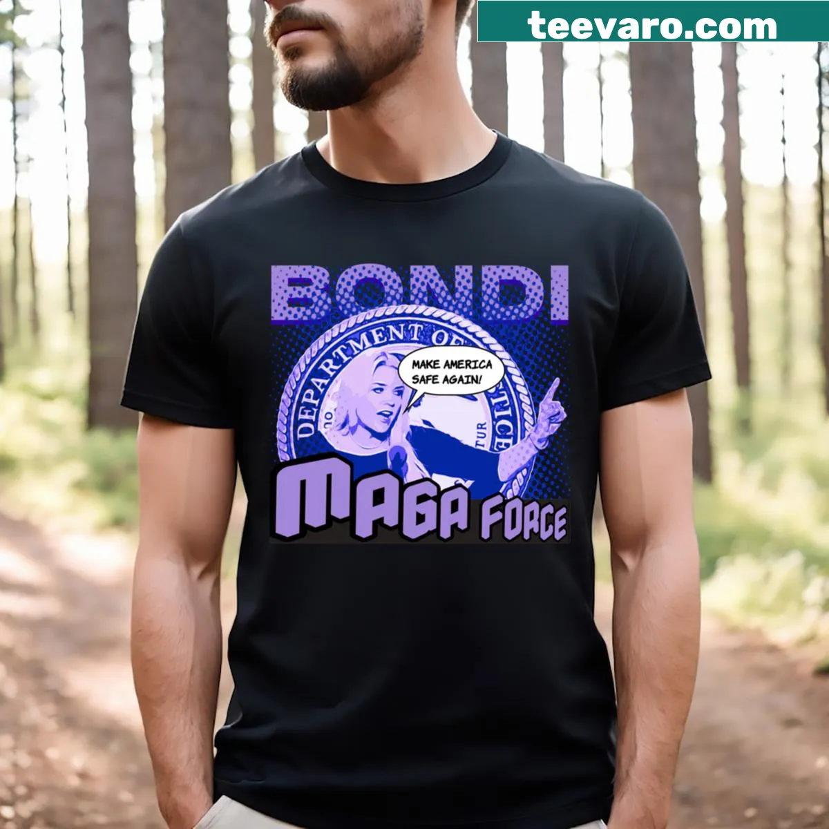 Bold typography design of Pam Bondi Maga Force — on a men's t-shirt