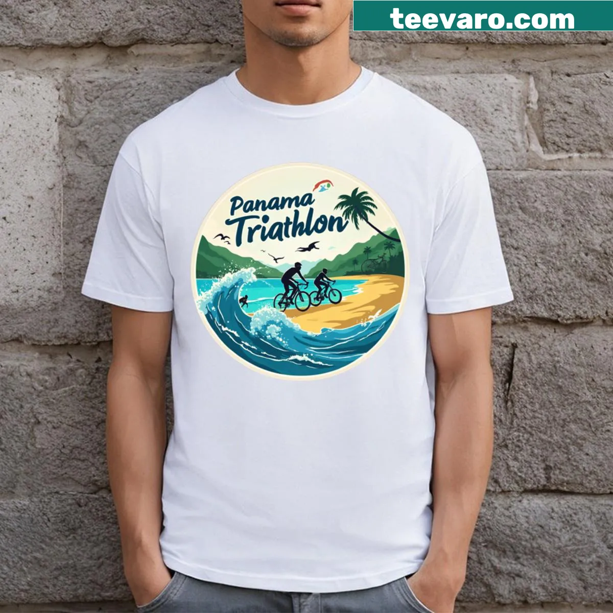 Adventure-themed Panama Triathlon T-shirt featuring sports graphics — on a men's t-shirt