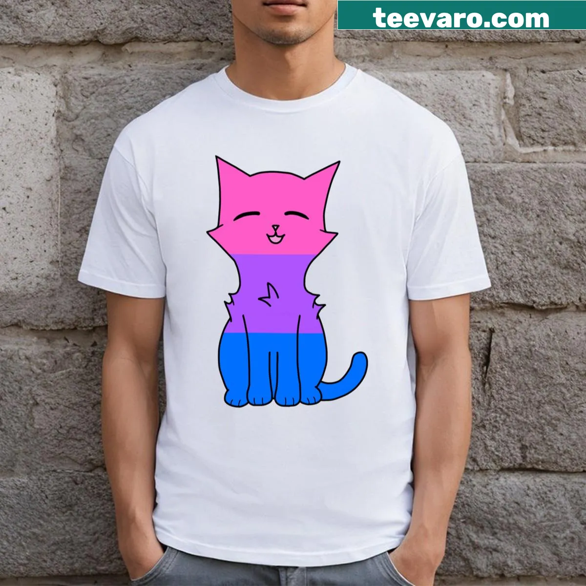 Cute cartoon cat t-shirt designed with bi pride colors — on a men's t-shirt