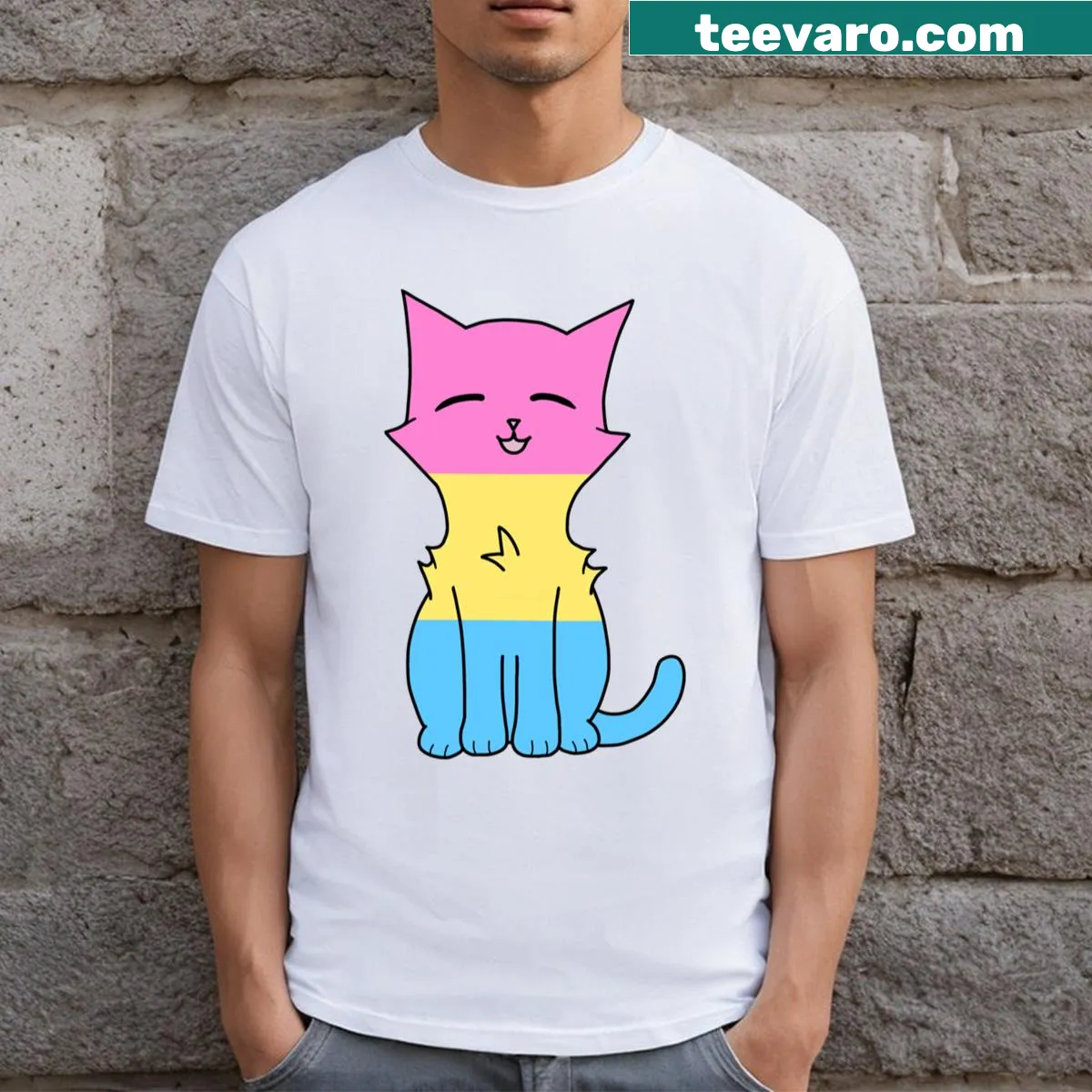 Pastel pan pride cat graphic t-shirt with cute design — on a men's t-shirt
