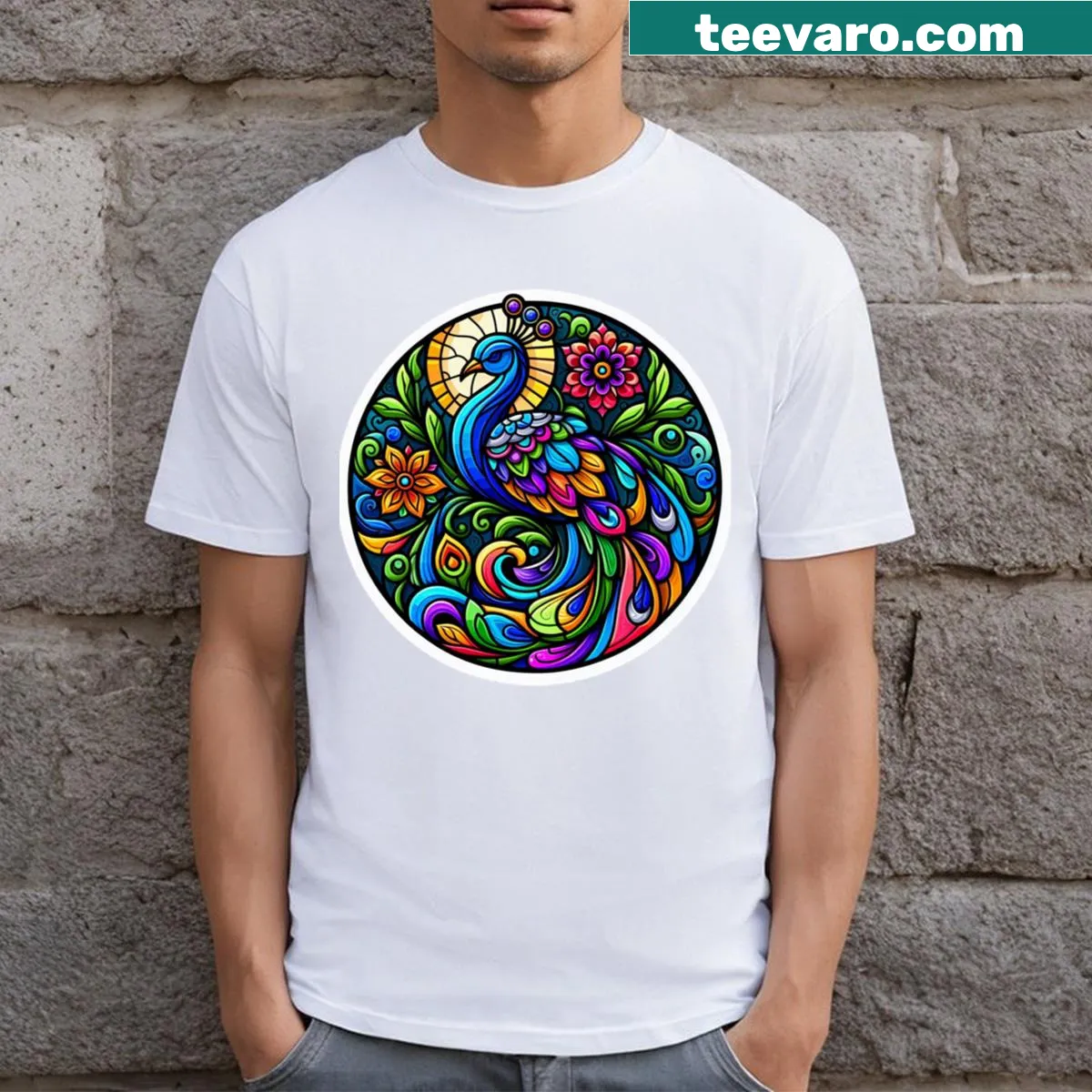 Stained glass mandala design featuring a peacock on T-shirt — on a men's t-shirt