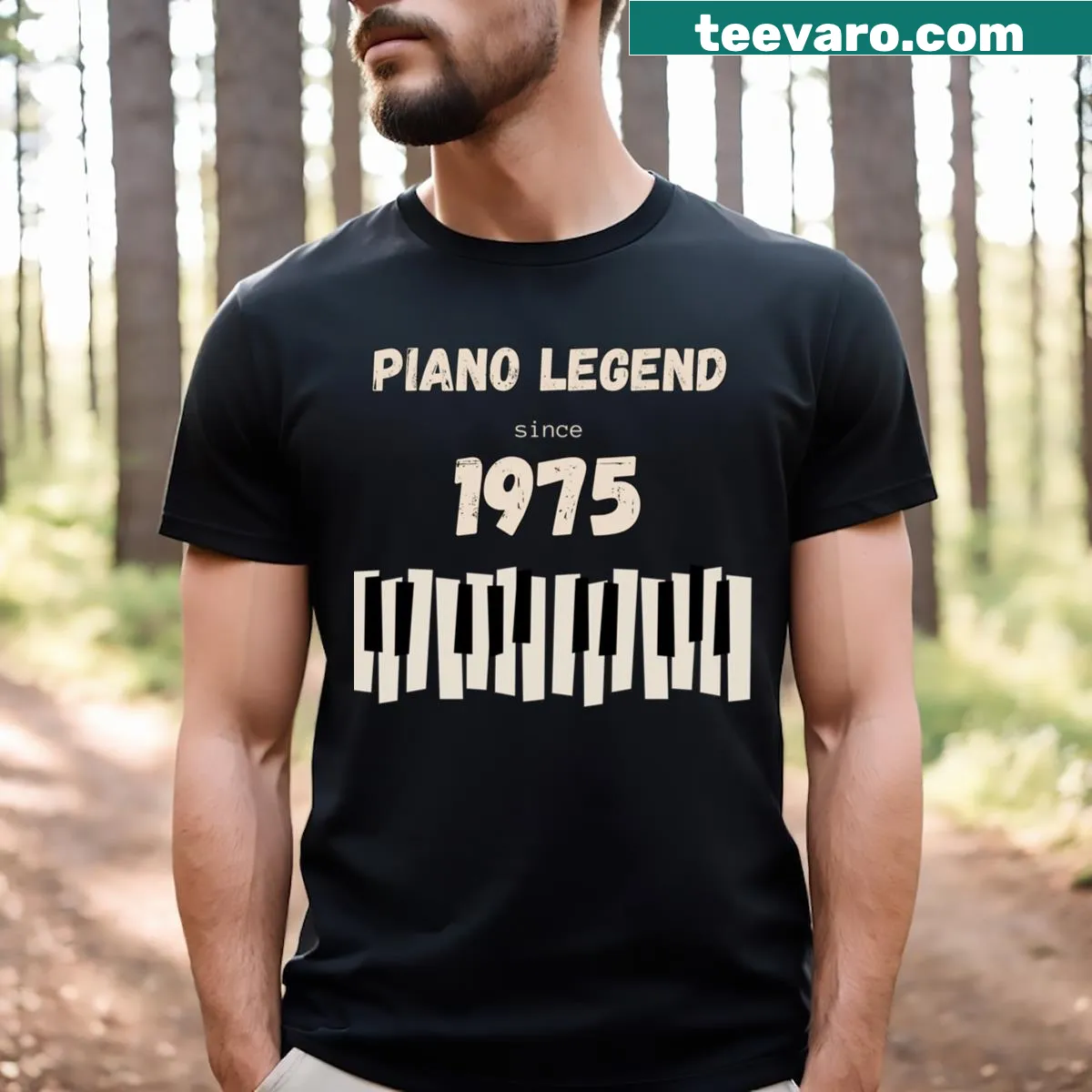 Typography shirt with 'Piano Legend Since 1975' text design — on a men's t-shirt