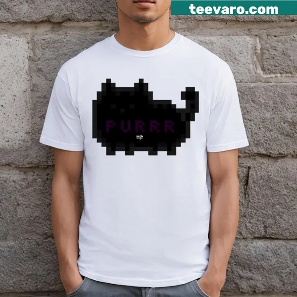 Cartoon pixel art cat graphic on T-shirt