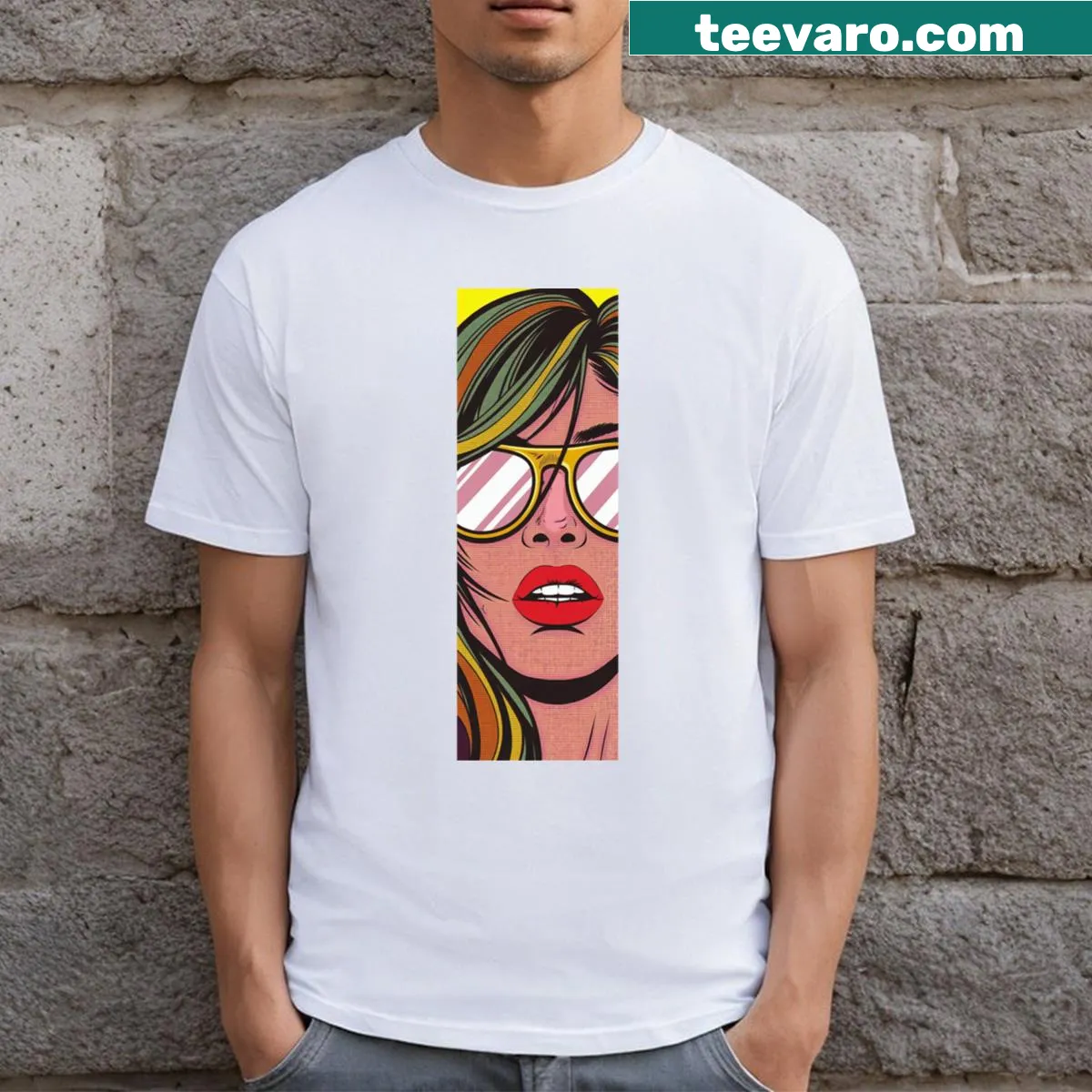Pop art illustration of a vibrant woman radiating confidence — on a men's t-shirt