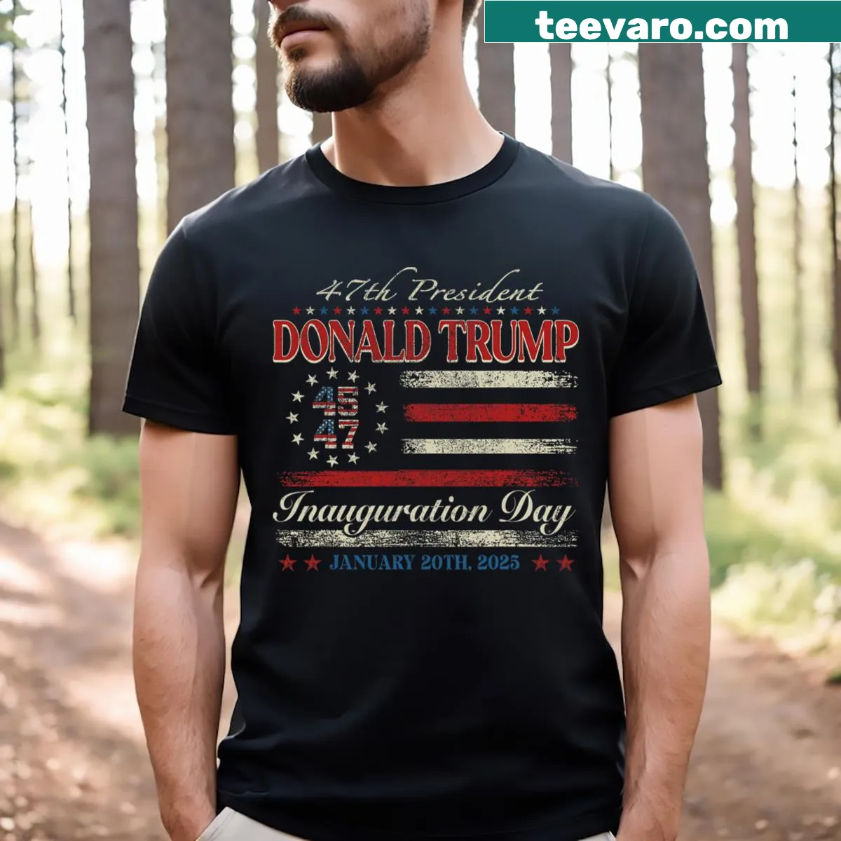 Vintage-style U.S. flag t-shirt celebrating Inauguration Day 2025 — on a men's t-shirt