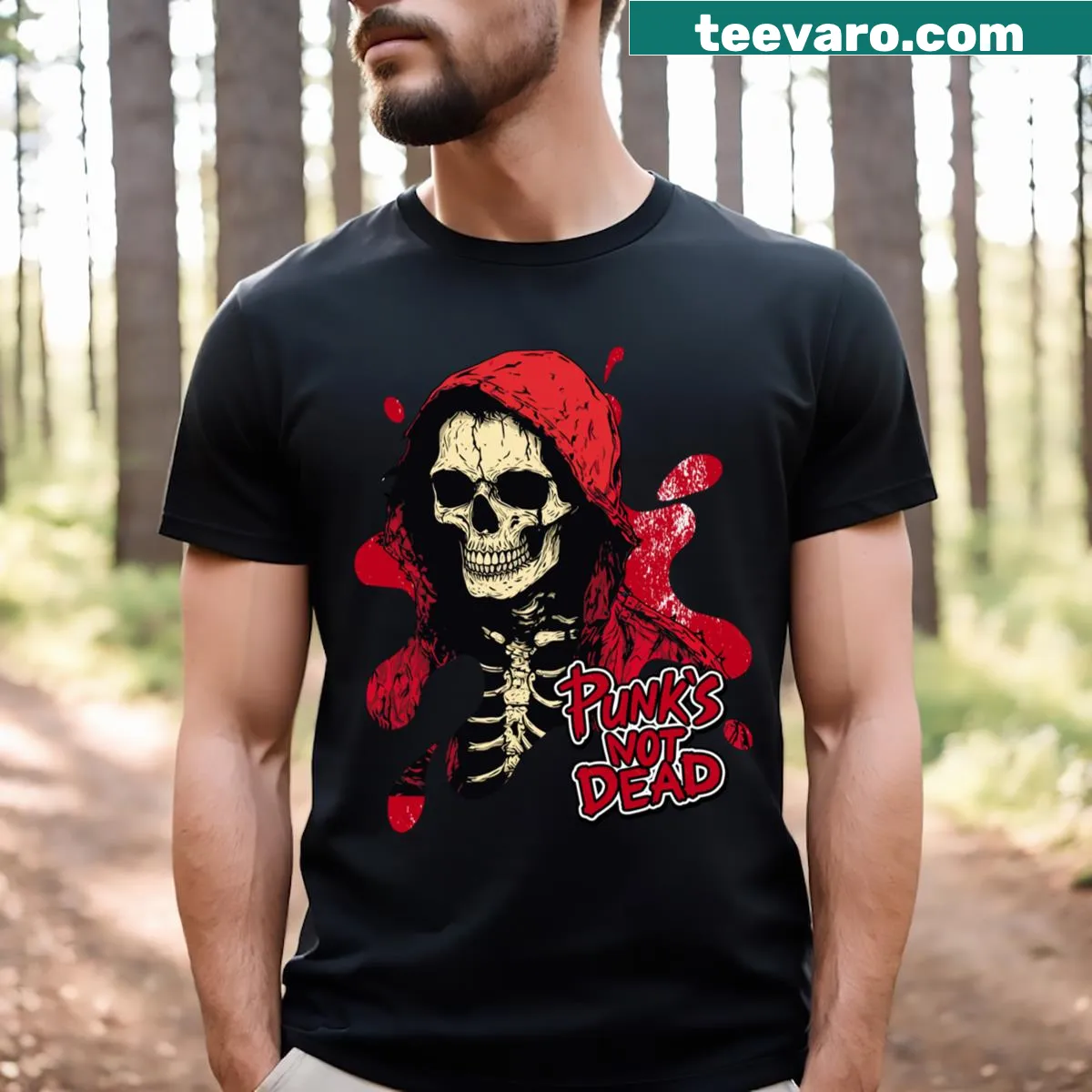 Edgy vintage-style tee with text 'Punk's Not Dead' — on a men's t-shirt