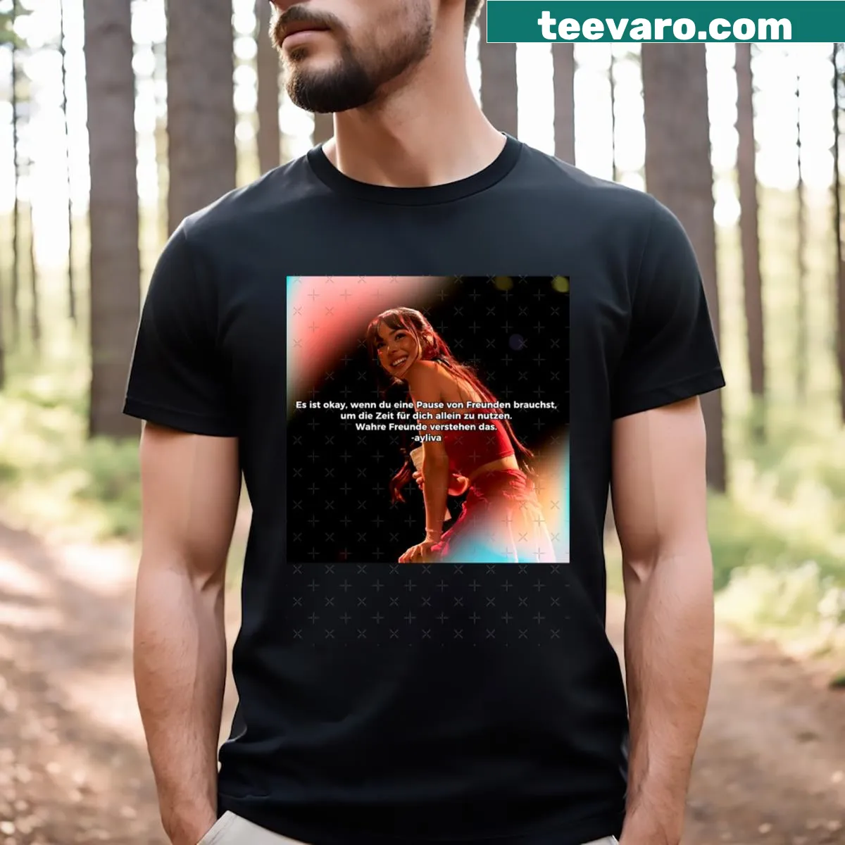 Quote from Ayliva printed on a concert-themed T-shirt — on a men's t-shirt