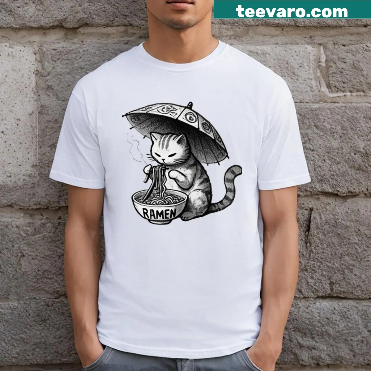 Cartoon cat enjoying ramen on a T-shirt — on a men's t-shirt