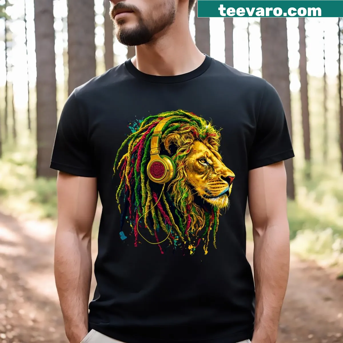 Lion of Judah illustration with reggae music elements on t-shirt — on a men's t-shirt