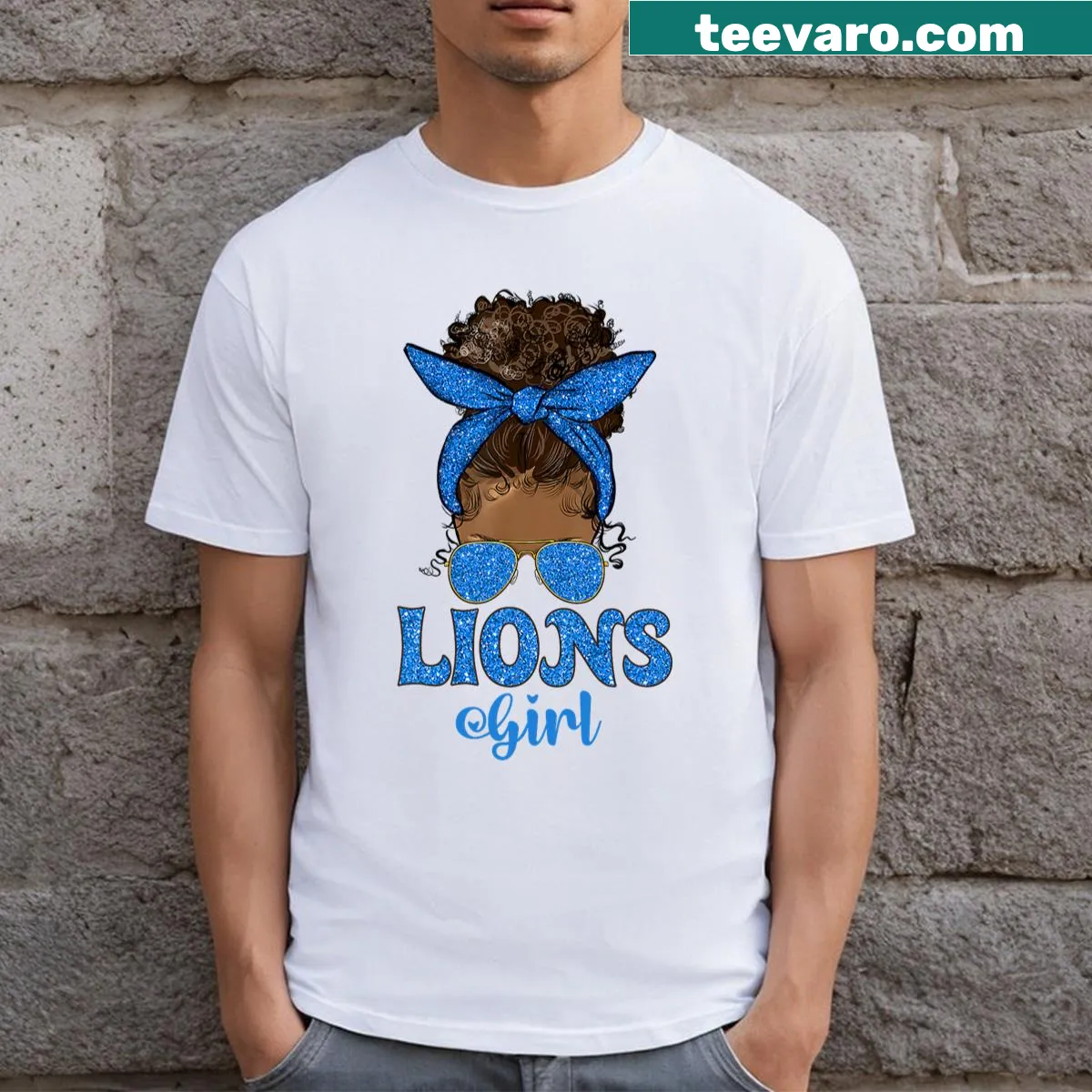 Cartoon design of a girl with messy bun showing team spirit — on a men's t-shirt