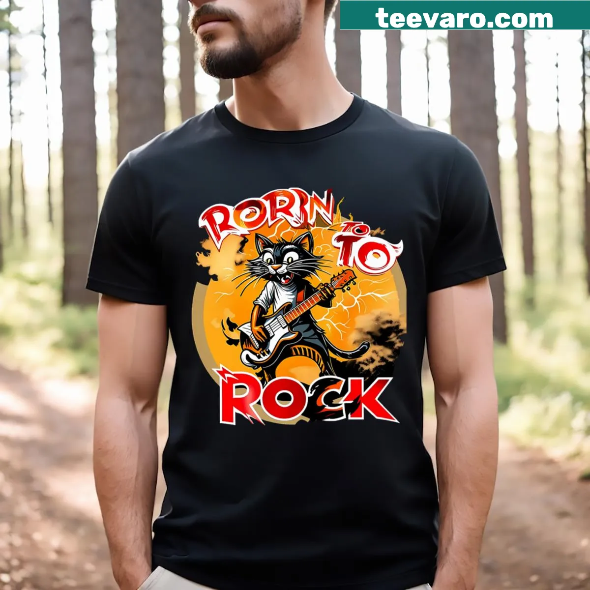 Cartoon cat shredding guitar in rockstar style — on a men's t-shirt