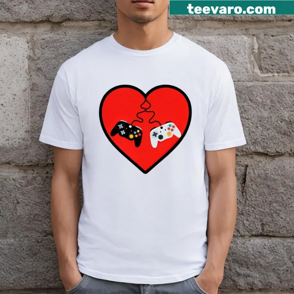 Intertwined gaming controllers on a heart design t-shirt