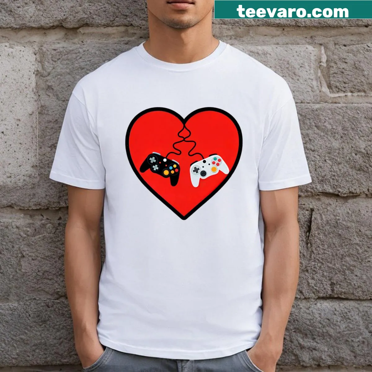Intertwined gaming controllers on a heart design t-shirt — on a men's t-shirt
