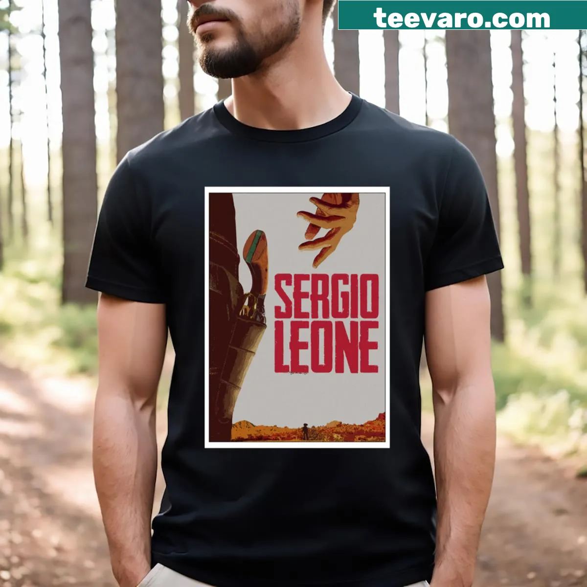 Tribute T-shirt featuring Sergio Leone and Spaghetti Western themes. — on a men's t-shirt