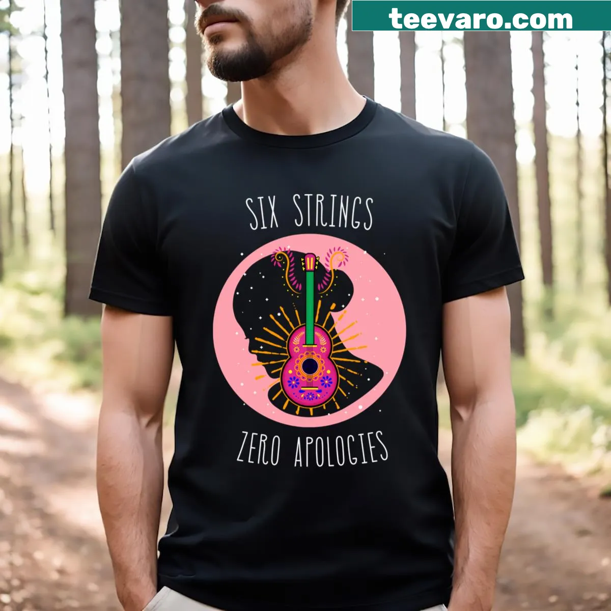Bold typography T-shirt with guitar-themed design — on a men's t-shirt