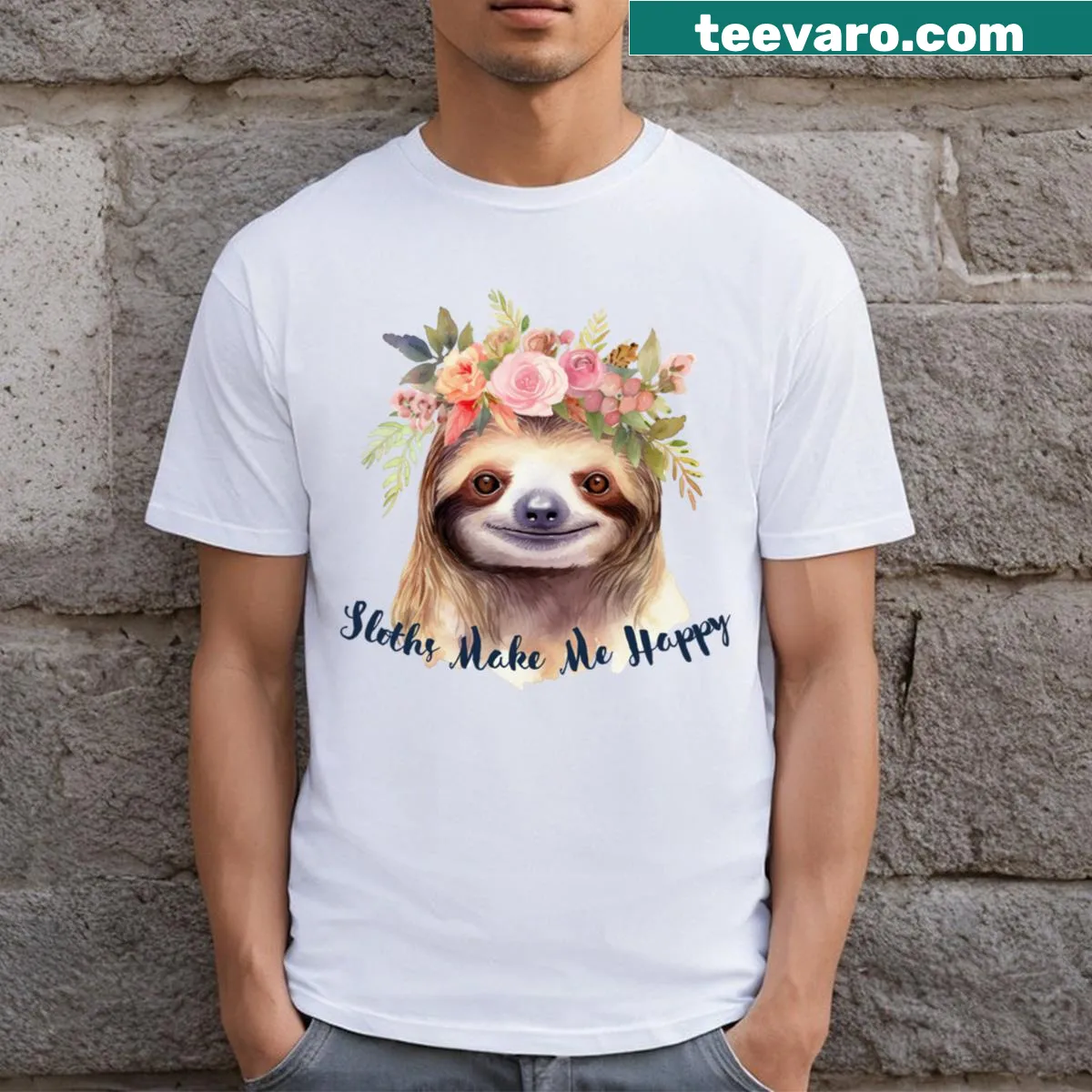 Cute sloth illustration on T-shirt bringing happiness — on a men's t-shirt