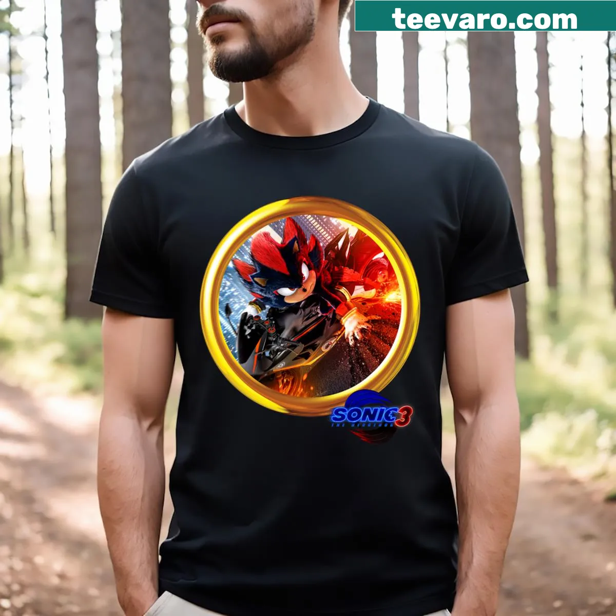 Shadow from Sonic The Hedgehog on a motorcycle T-shirt — on a men's t-shirt