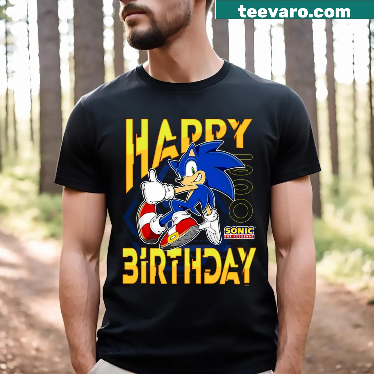 Sonic the Hedgehog birthday t-shirt with thumbs up logo illustration — on a men's t-shirt