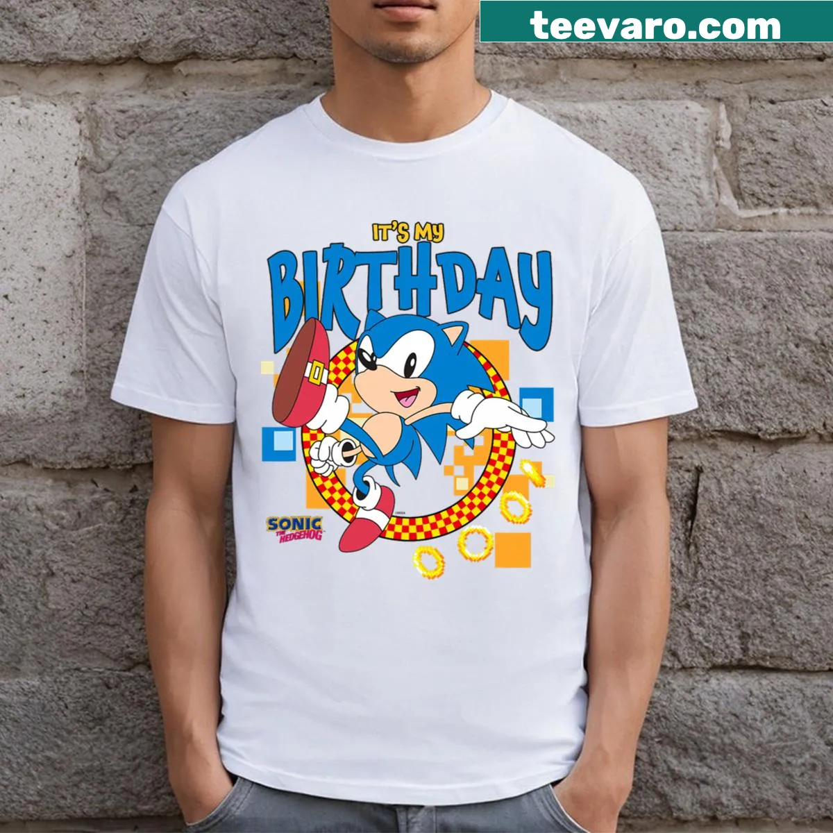 Sonic The Hedgehog birthday T-shirt with a cheerful Sonic graphic. — on a men's t-shirt