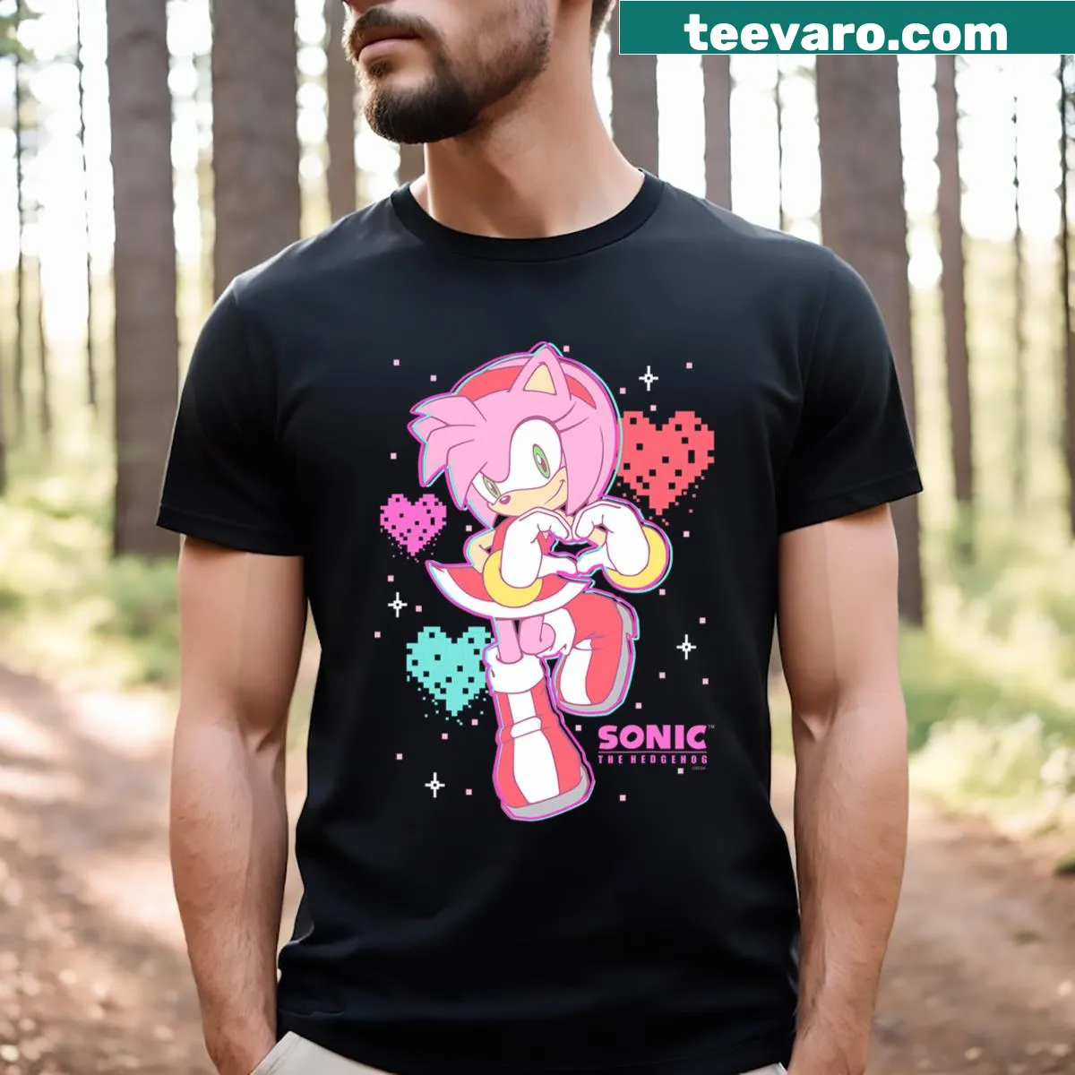 Retro Amy Rose logo T-shirt with Valentine's hearts and Sonic style — on a men's t-shirt
