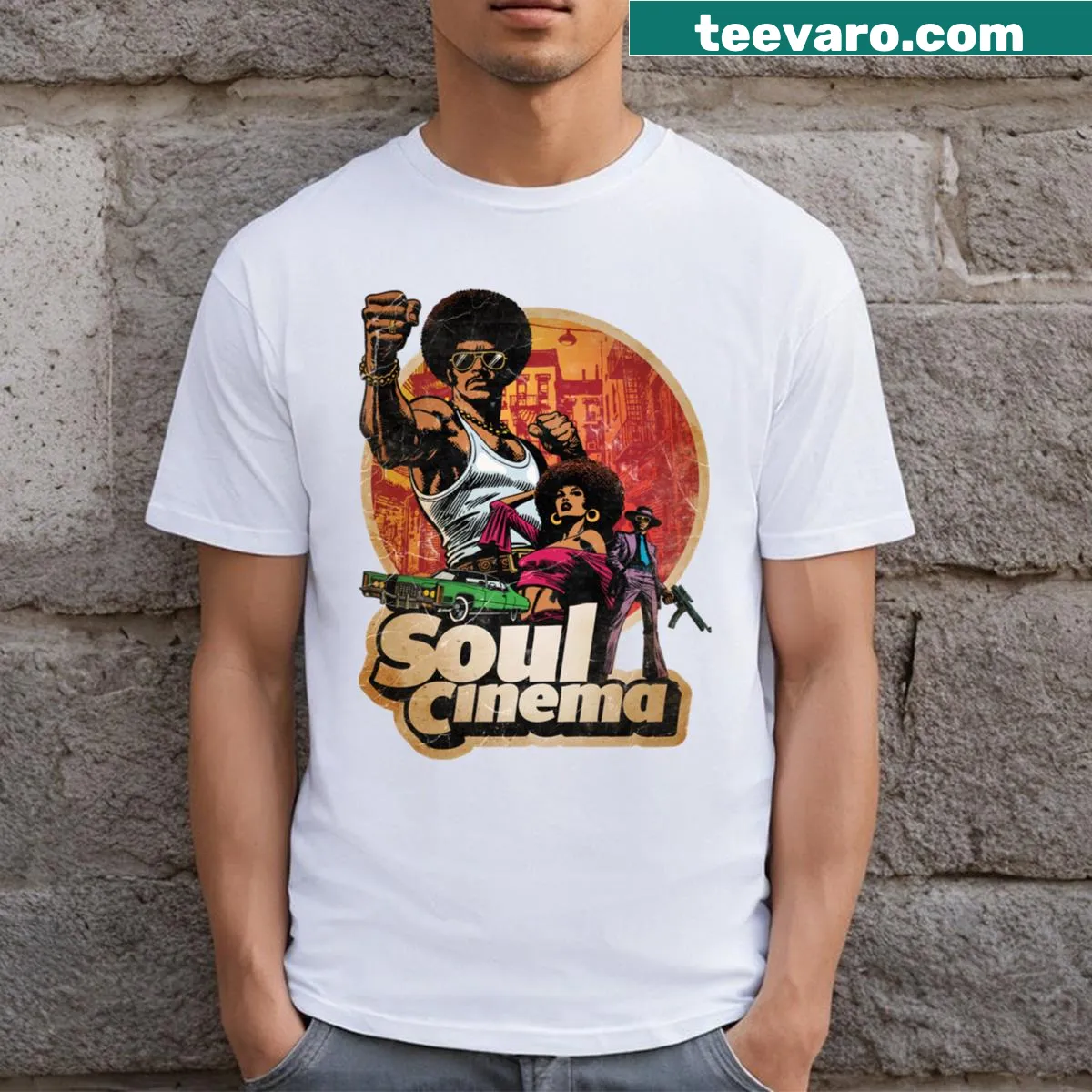 Vintage-style t-shirt celebrating 70s Blaxploitation films — on a men's t-shirt