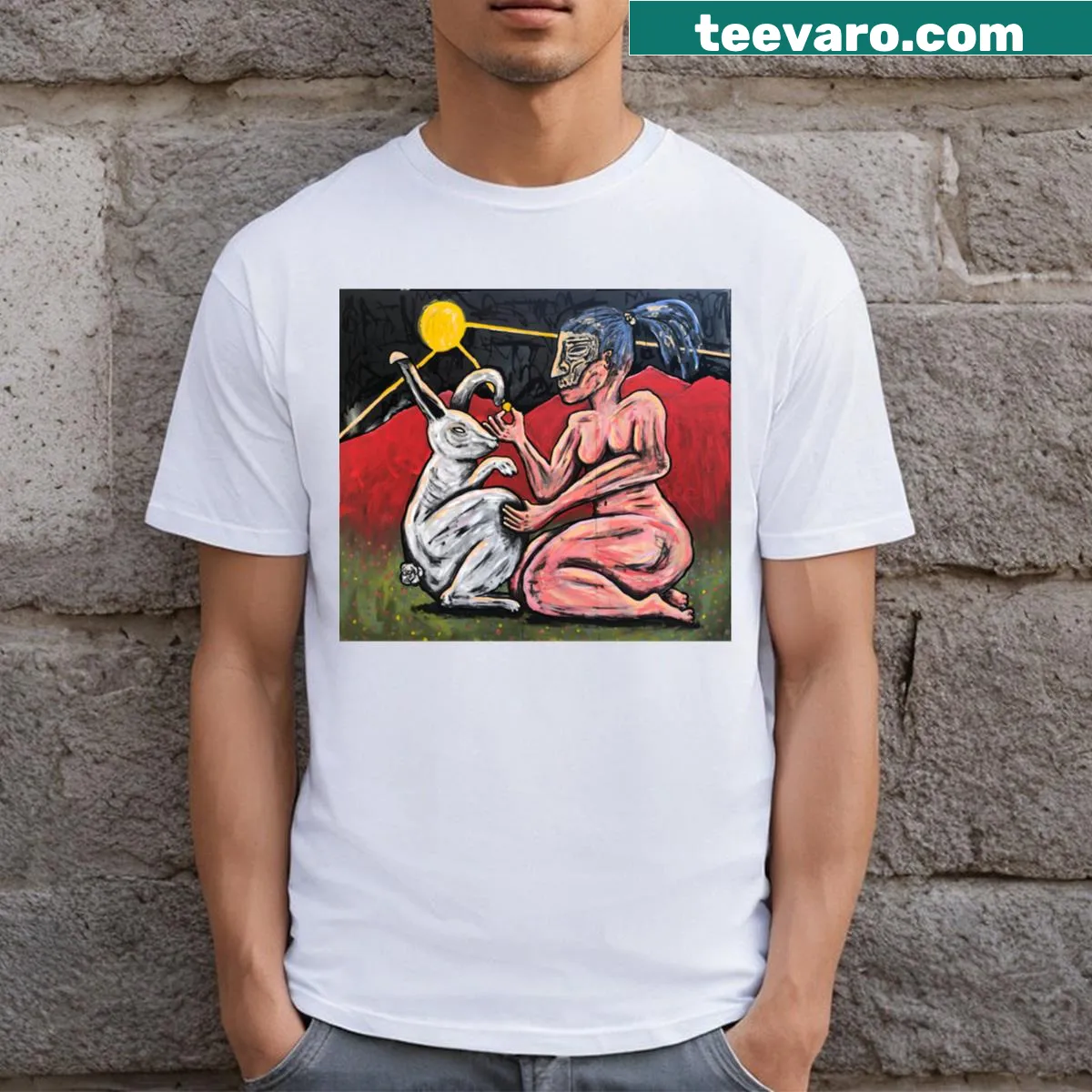 Artistic shirt depicting a soul in transition with expressive typography — on a men's t-shirt