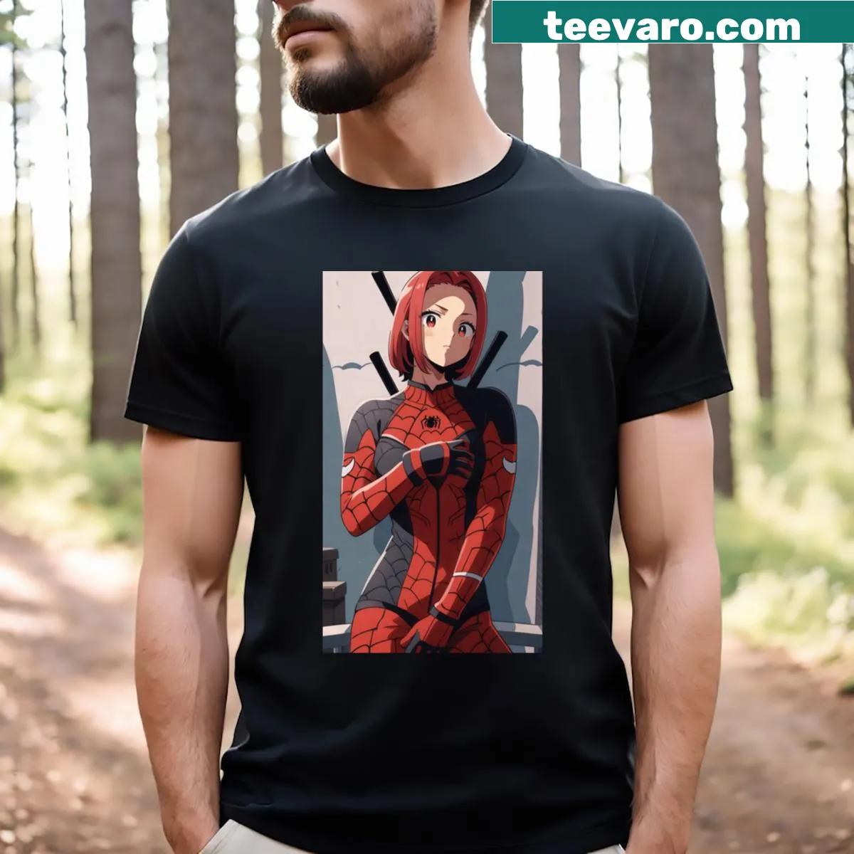 Cartoon design featuring Spider Pool character — on a men's t-shirt