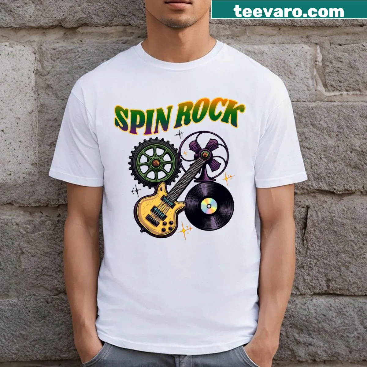 Engaging t-shirt with 'Spin Rock' typography design — on a men's t-shirt
