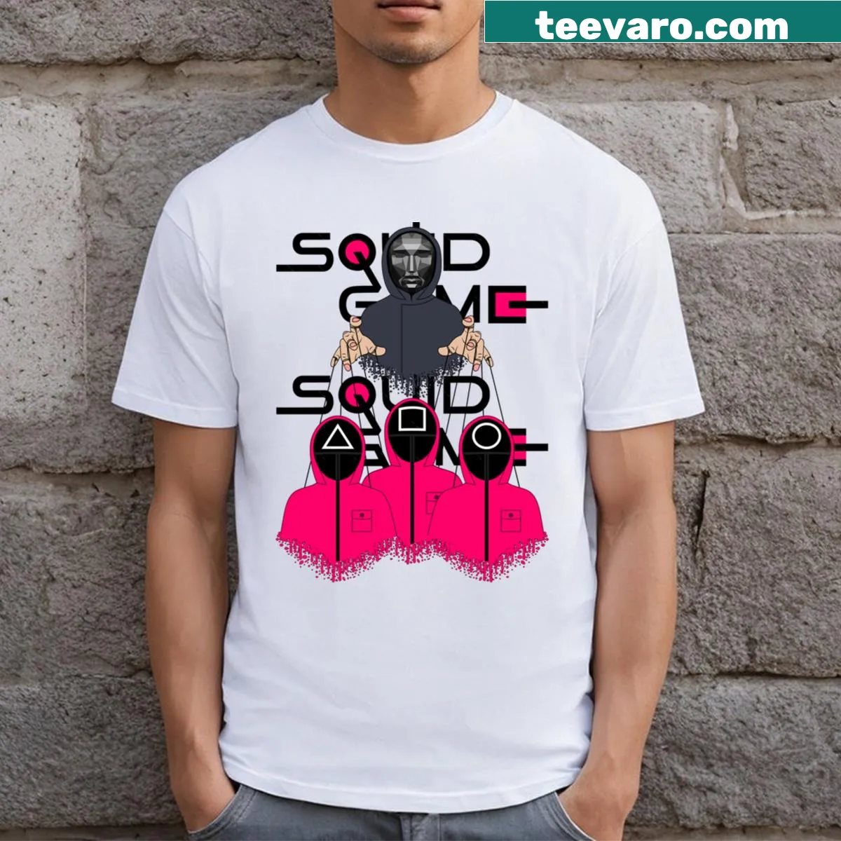 Illustration of the Squid Game puppeteer mask on a t-shirt — on a men's t-shirt