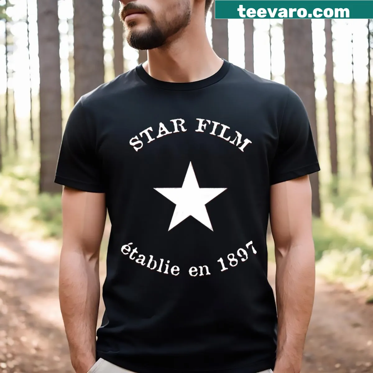 Minimalist typography design featuring a film reel motif on a t-shirt — on a men's t-shirt