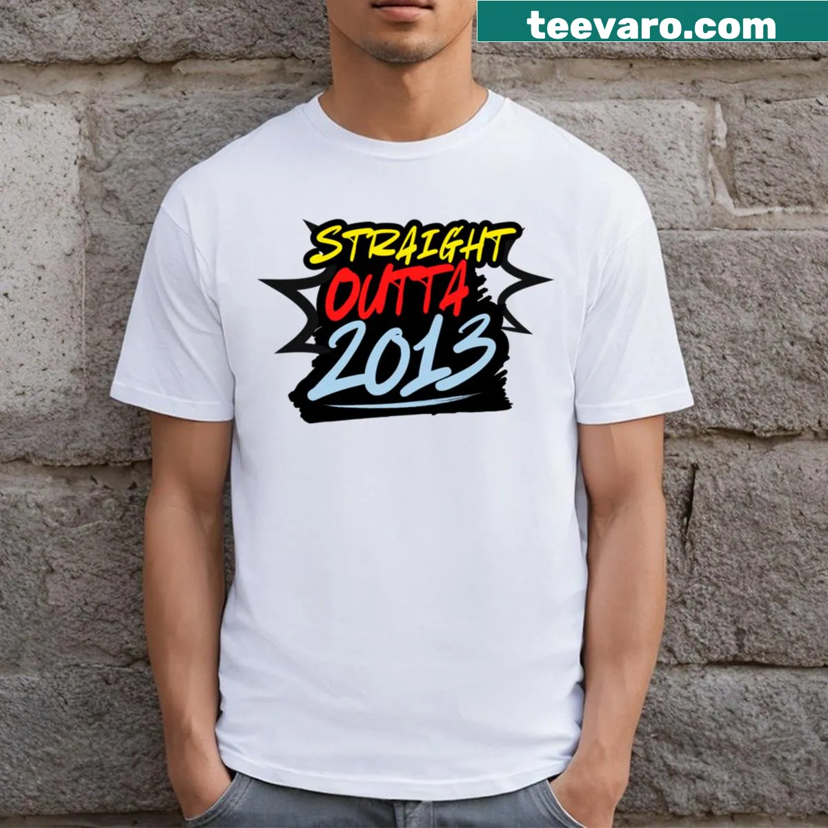 Funny t-shirt with 'Straight Outta 2013' text design — on a men's t-shirt