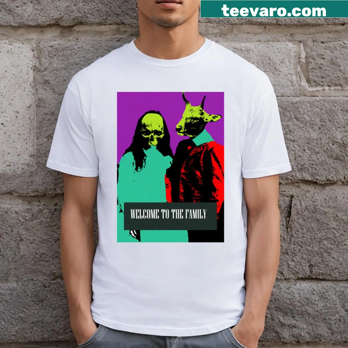 Charming T-shirt depicting a quirky family illustration — on a men's t-shirt