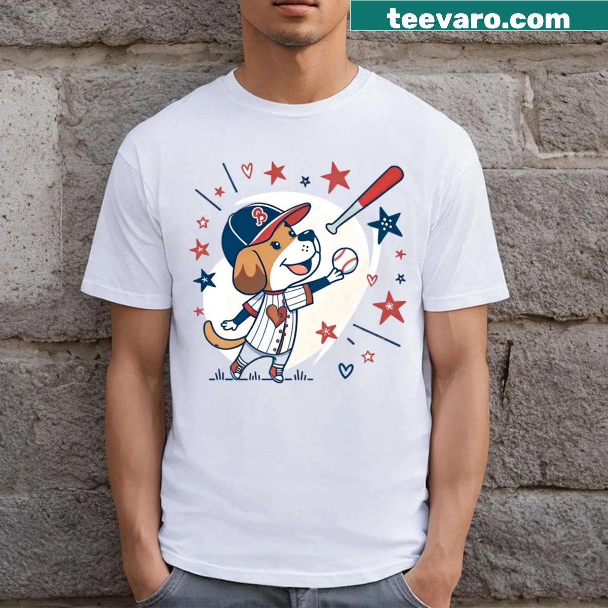 Cartoon puppy playing baseball graphic on a t-shirt — on a men's t-shirt