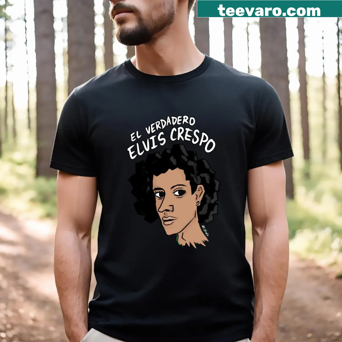 Tribute t-shirt featuring Elvis Crespo design — on a men's t-shirt