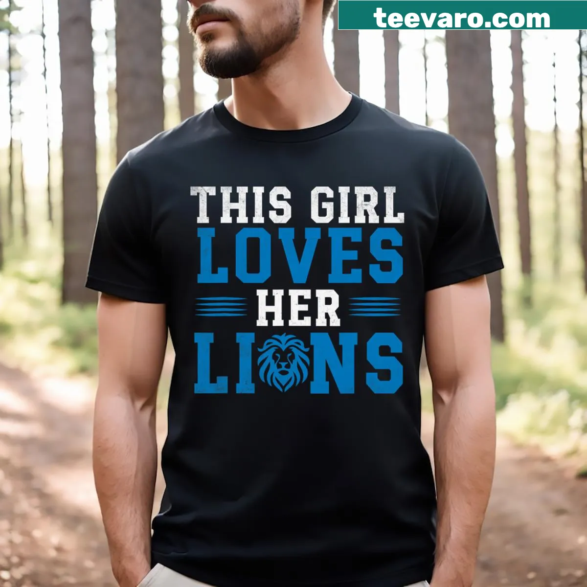 T-shirt featuring playful lion design with 'This Girl Loves Her Lions' text — on a men's t-shirt