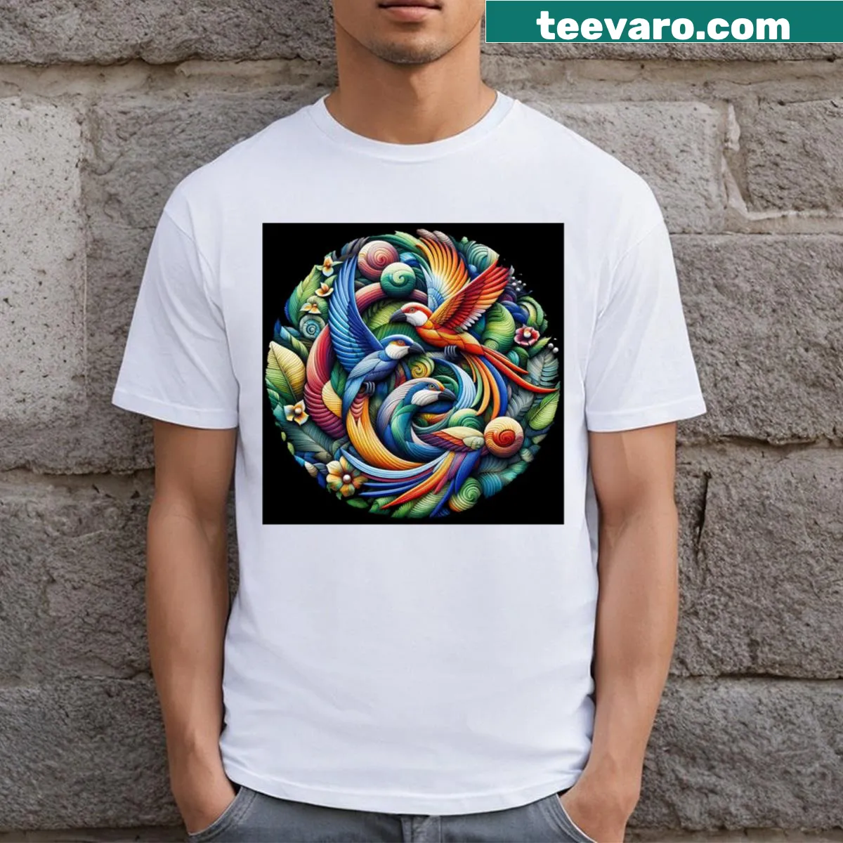 T-shirt featuring a circular design with tropical birds — on a men's t-shirt