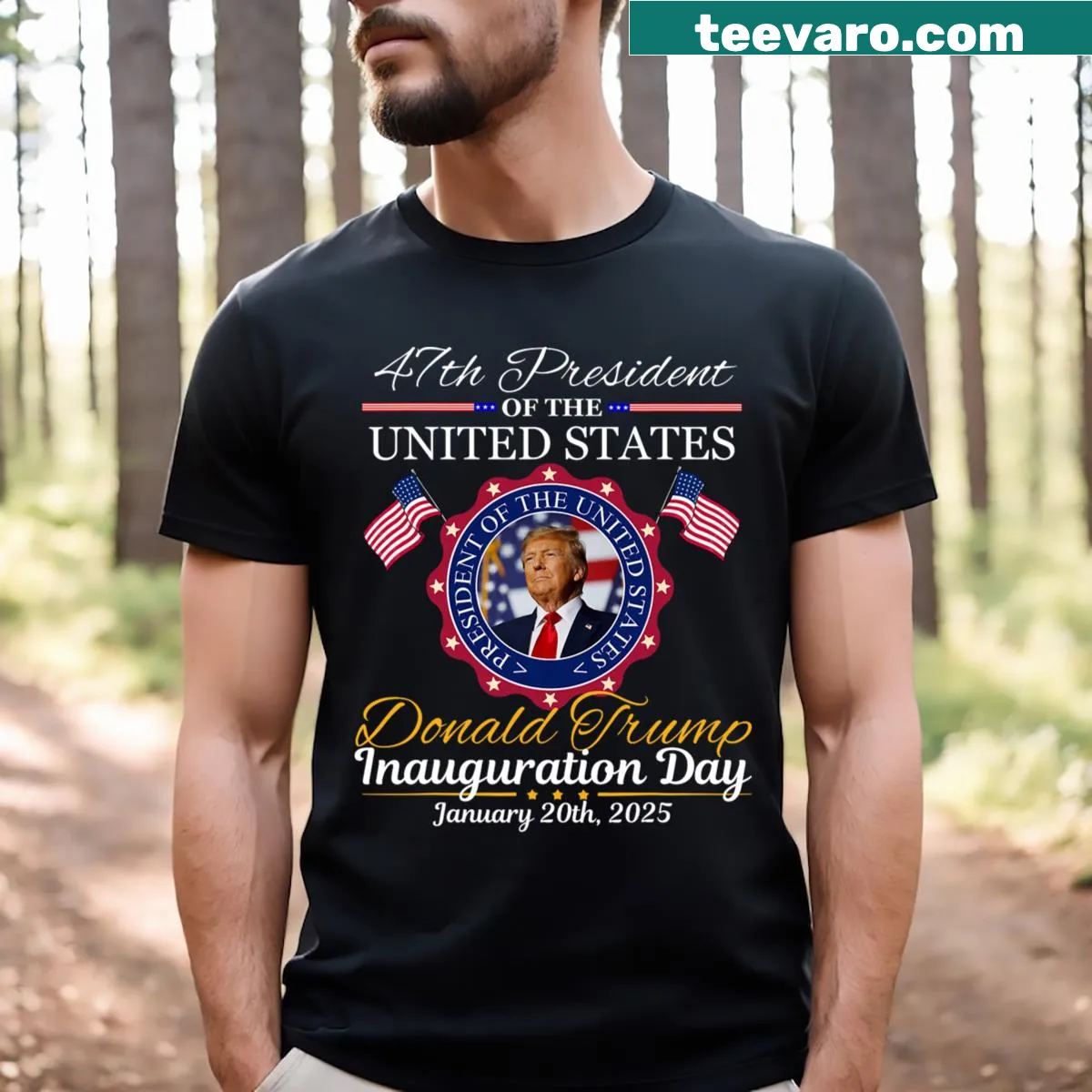 T-shirt celebrating Trump’s 2025 Inauguration Day with bold text — on a men's t-shirt