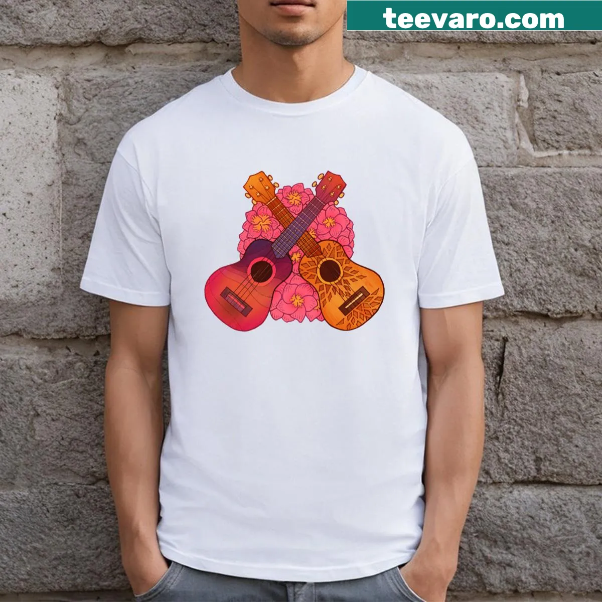 T-shirt with ukuleles and Hawaiian flowers illustration — on a men's t-shirt