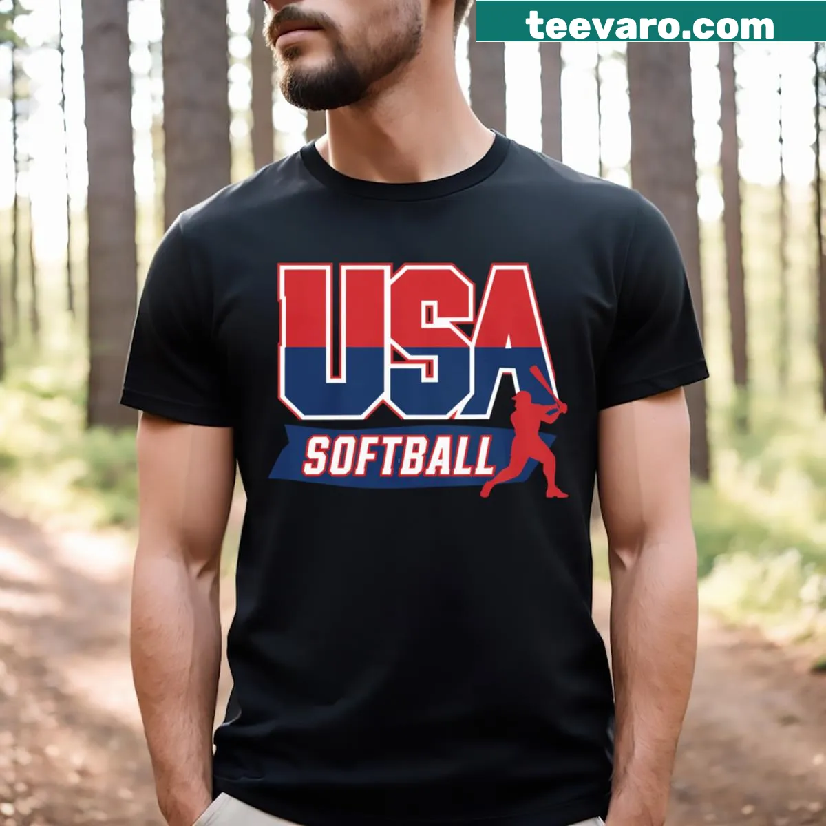 Softball graphic with USA flag T-shirt — on a men's t-shirt