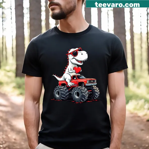 Cute kids' T-shirt with dinosaur monster truck and heart graphic